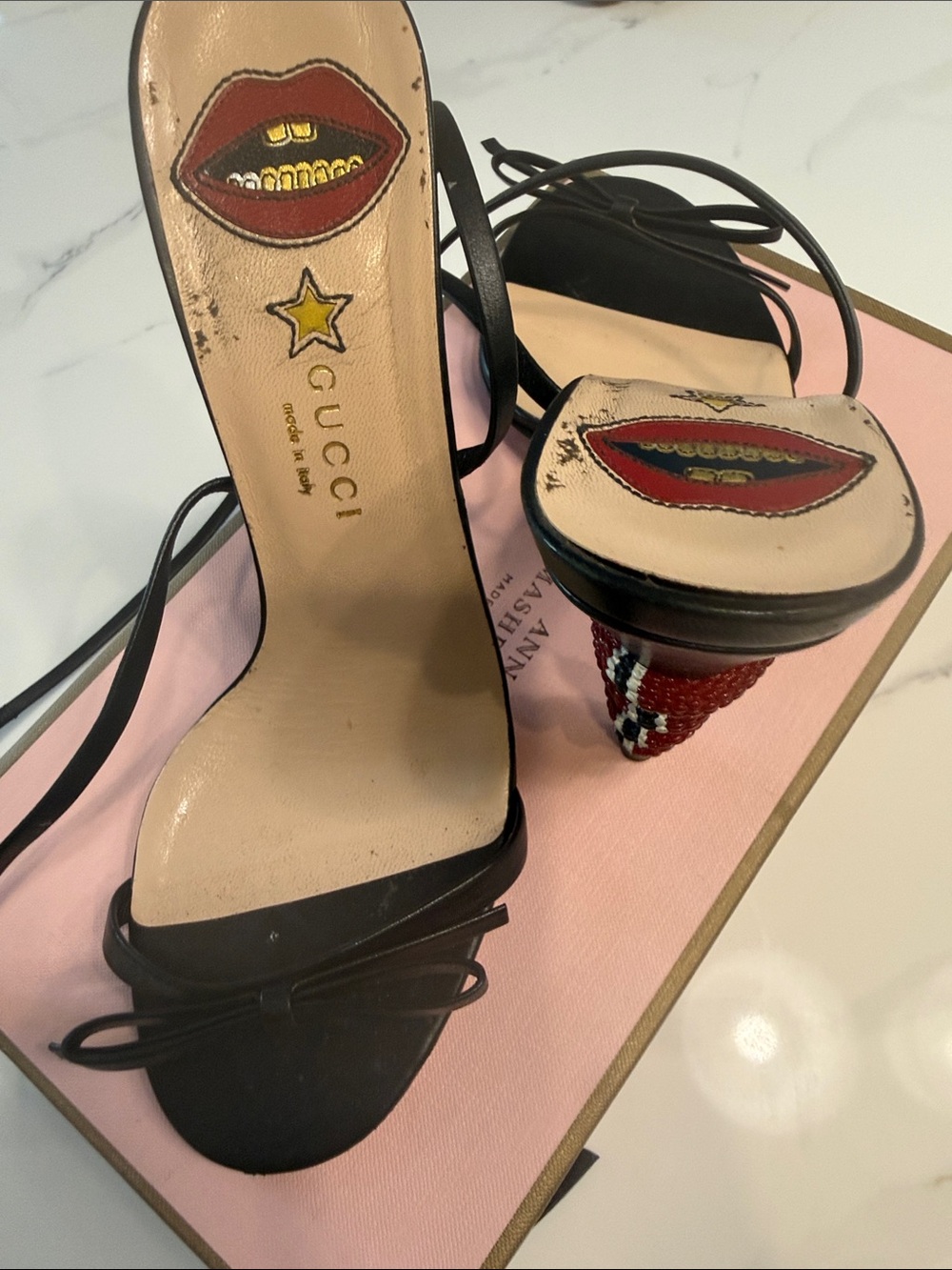 Gucci Black Leather Lace-Up Heeled Sandals with Red Lip Insole Art
